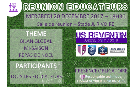Réunion éducateurs mercredi 20 décembre à 18h30